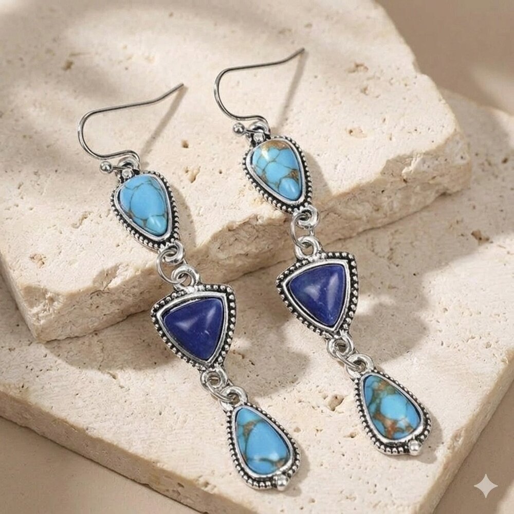 New Southwestern Turquoise Drop Earrings Silver Boho Western